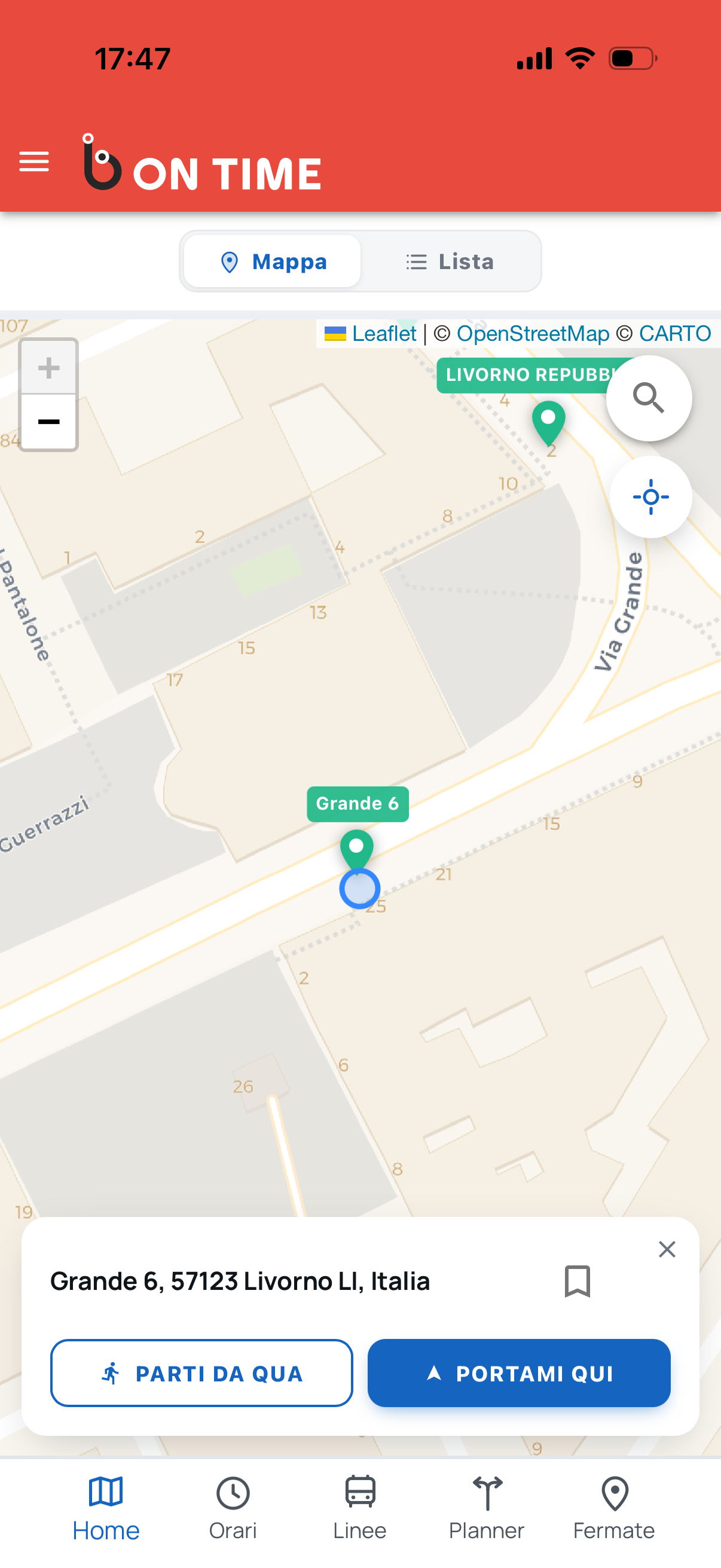 Schermata Home di B on Time con la mappa delle fermate